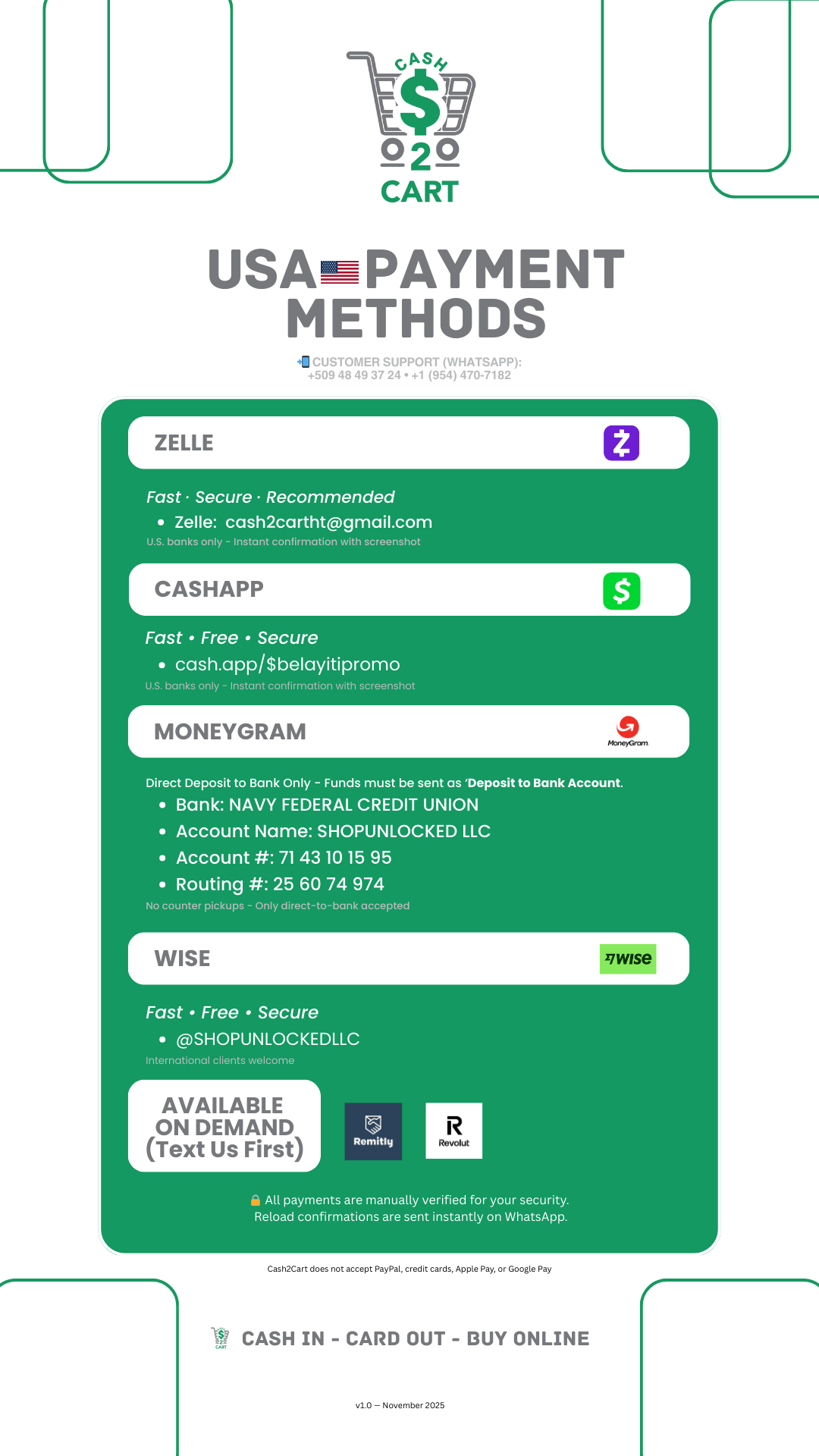 Cash2Cart USA payment methods